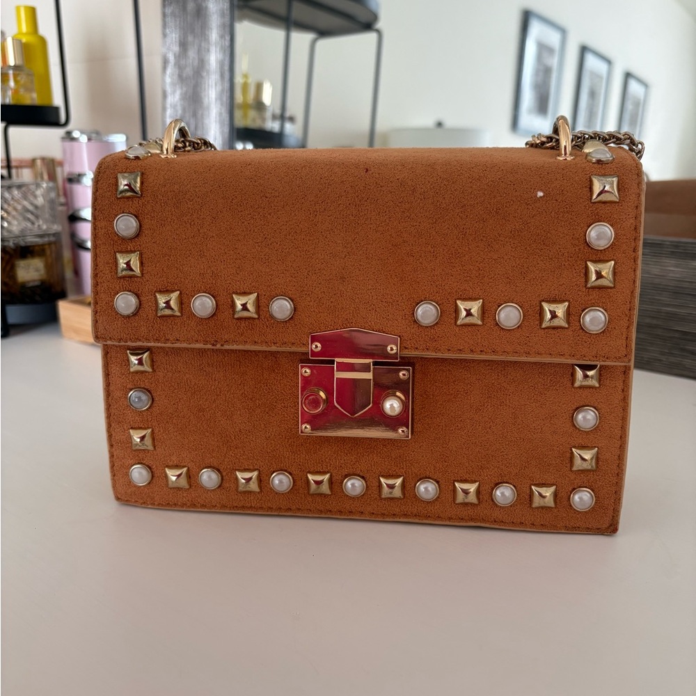 Source Unknown Tan Suede Crossbody with Pearl Accents and Gold Hardware